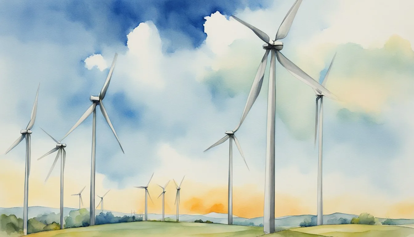 Wind turbines stand tall against a blue sky. A graph shows the decreasing cost of wind energy over time. Legislators discuss policy development in the background