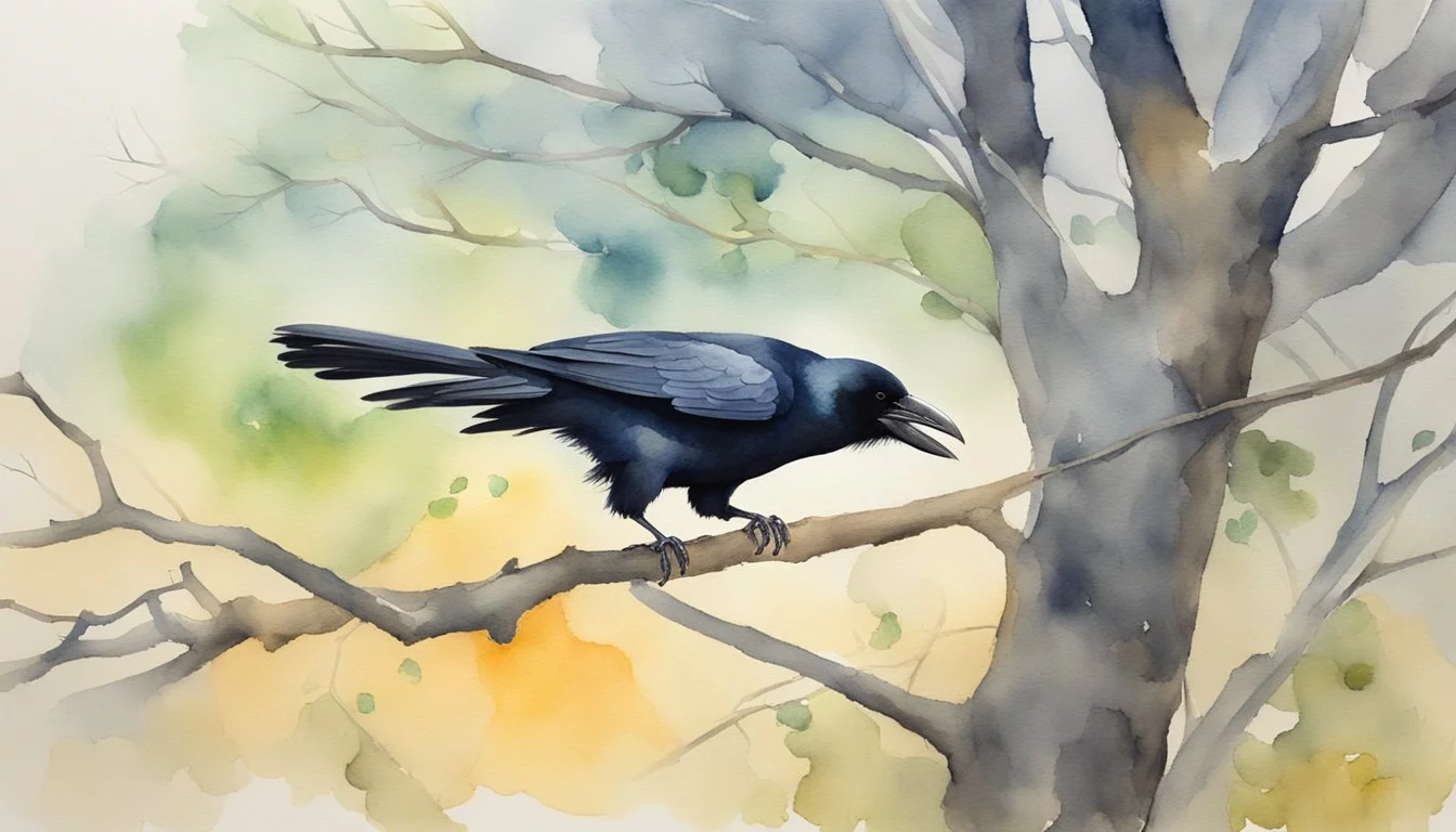 A crow perched on a tree branch, using a stick to extract food from a crevice. Nearby, another crow watches and learns