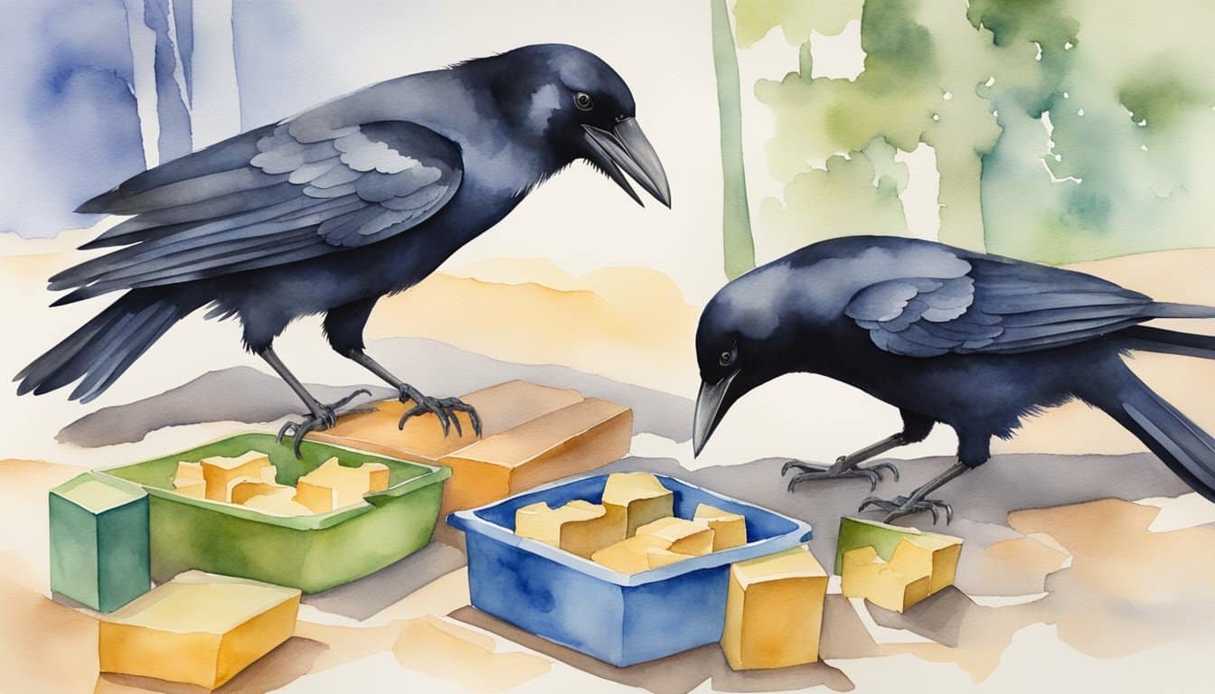 A group of crows solving complex puzzles and using tools to obtain food