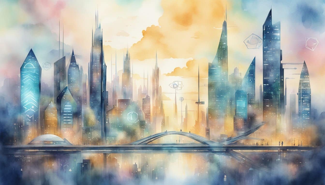 A futuristic city skyline with AI governance symbols and caution signs, depicting the potential dangers and future considerations of AI technology