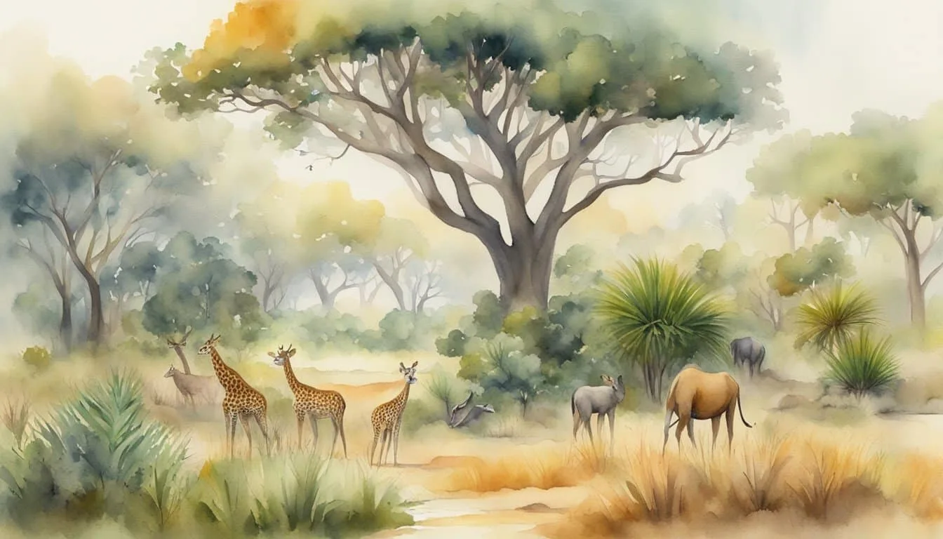 A tree-lined savanna with diverse plant and animal life, showcasing the coexistence and interdependence of different species