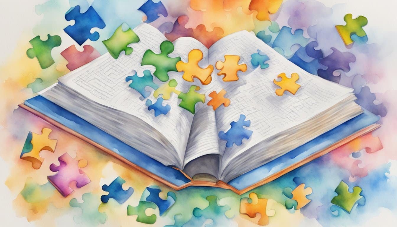 An open book with the title "Research on Autism and Empathy" surrounded by question marks and puzzle pieces