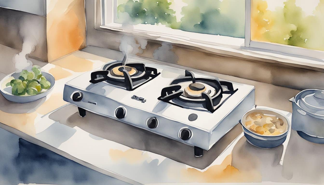 A gas stove emits fumes.</p><p>Nearby, alternative electric stoves are present.</p><p>A clear path leads to a cancer-free cooking future