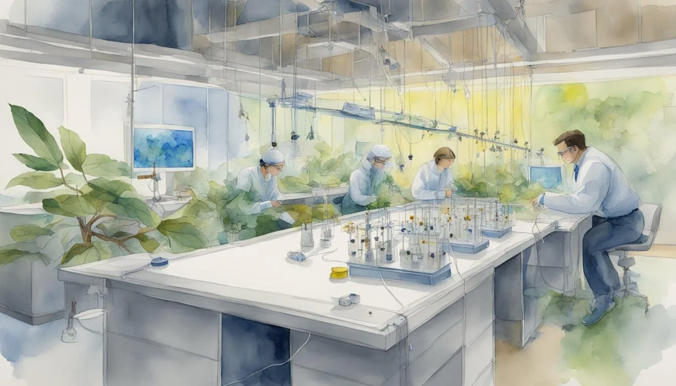 Insects in an experimental setup, with electrodes attached, while scientists observe and debate ethical implications