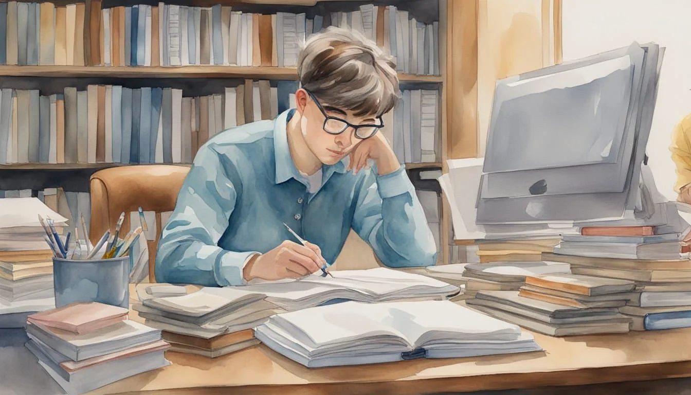 A person sitting at a desk, surrounded by books and papers, chewing gum with a focused expression. An image of the brain with arrows pointing to areas related to focus and concentration