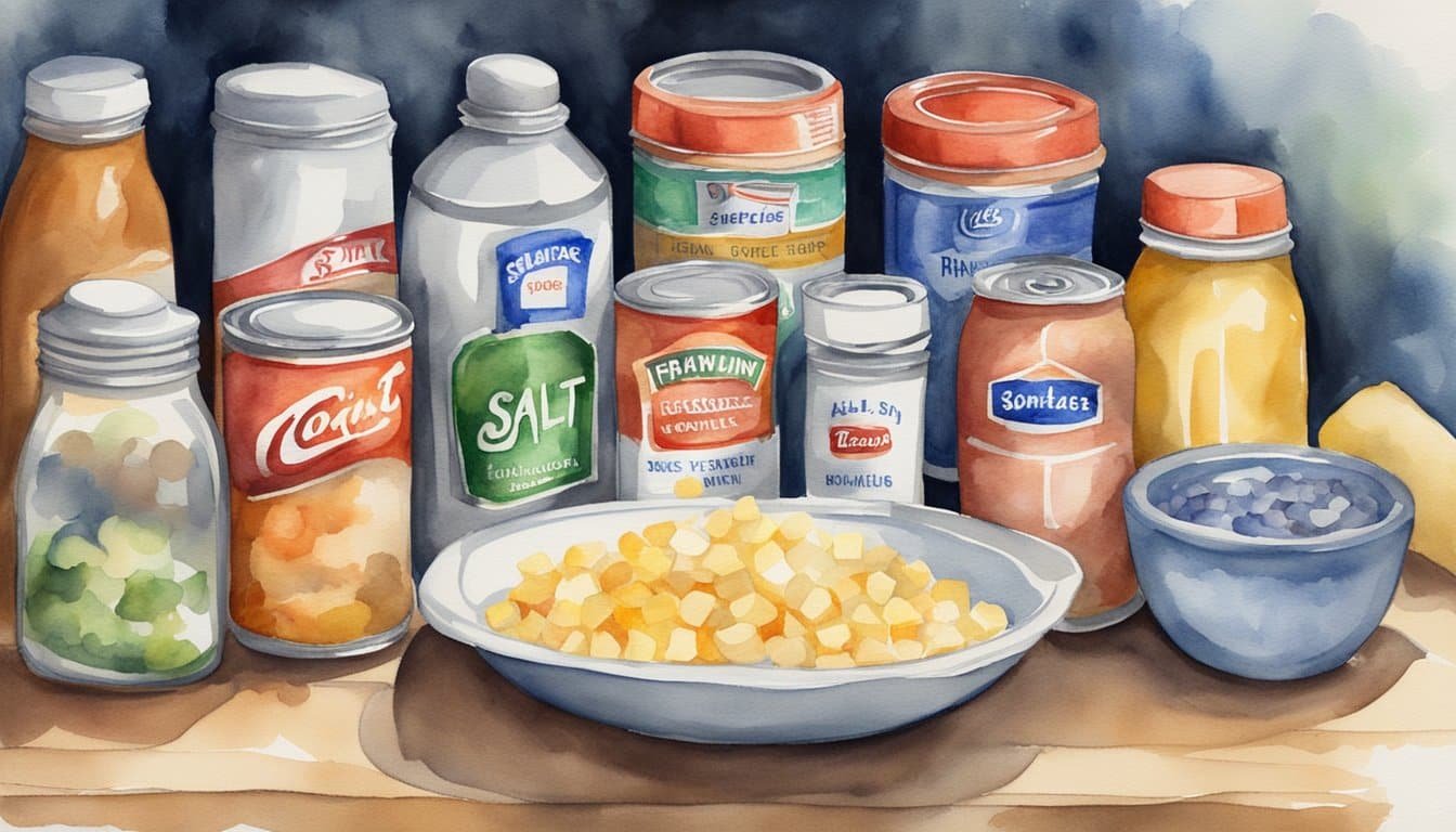 Various sodium sources: salt shaker, processed foods, canned goods.</p><p>Recommended intake: 1500-2300mg/day.</p><p>Sodium does not directly cause weight gain