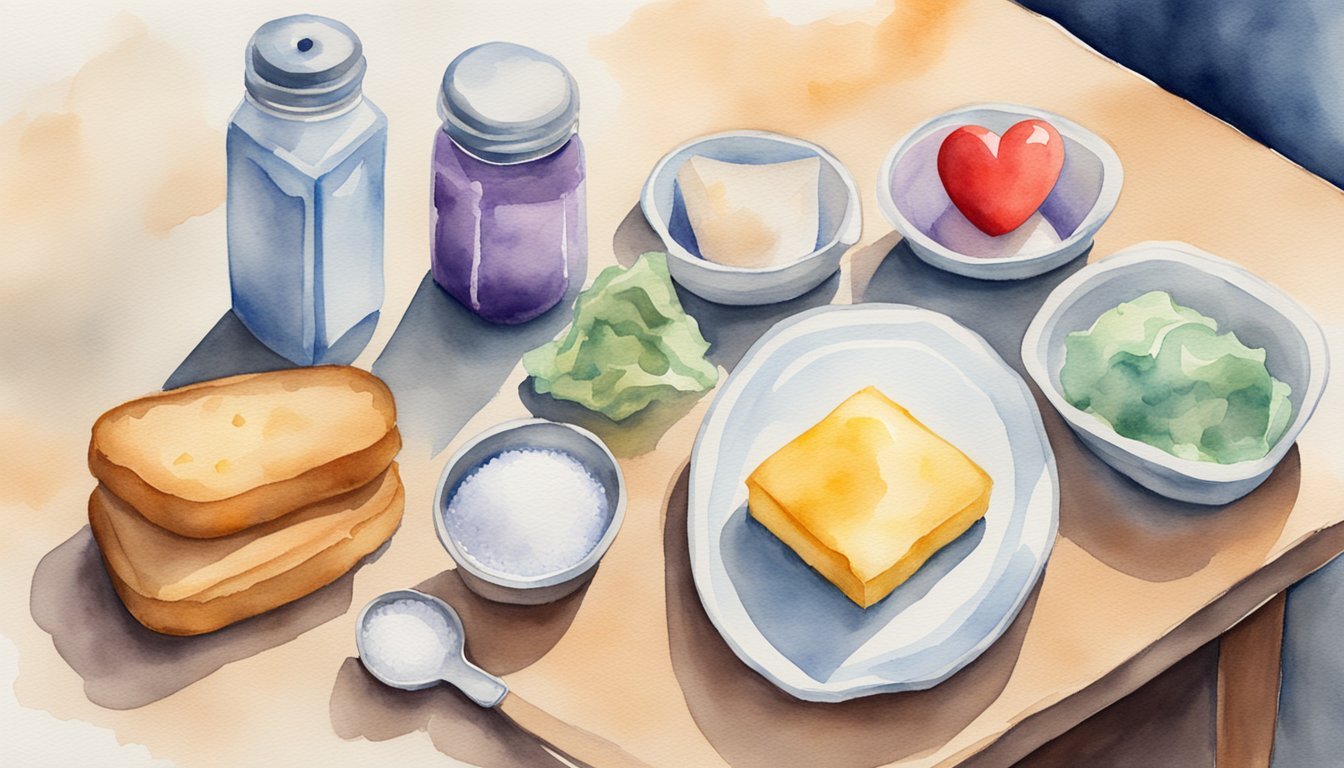 A table with high-sodium processed foods, a salt shaker, and a heart symbol with a crack running through it