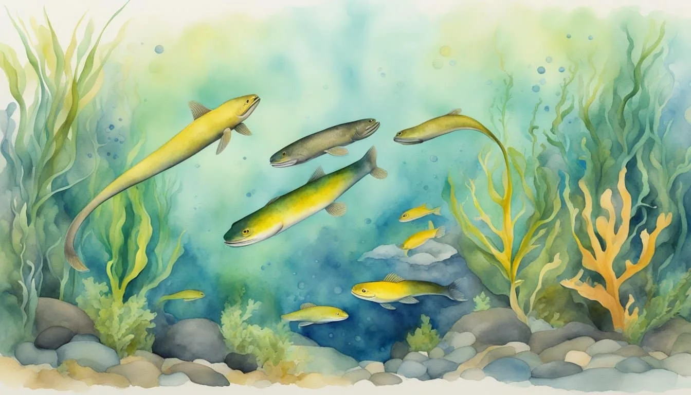 Electric eels in various sizes and colors swim among a diverse array of aquatic species, showcasing the evolution and species diversity of the underwater world