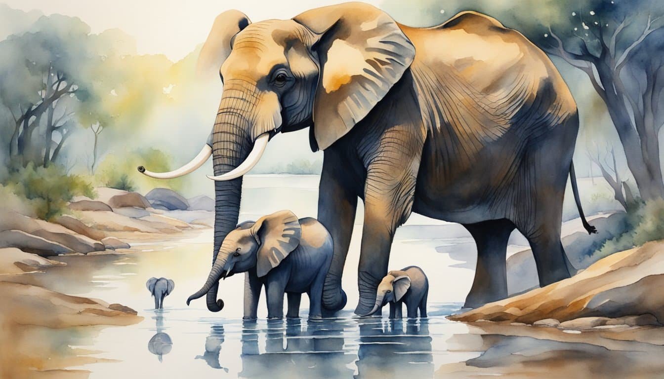 An elephant family gathers around a watering hole, their strong and wise presence reflecting their deep cultural significance and the importance of conservation efforts