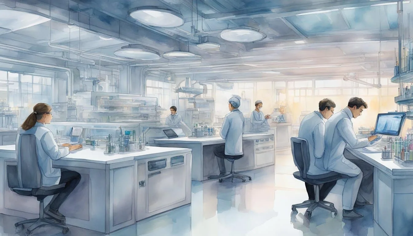 A futuristic laboratory with advanced technology and scientists working on brain chip prototypes for Elon Musk's initiative