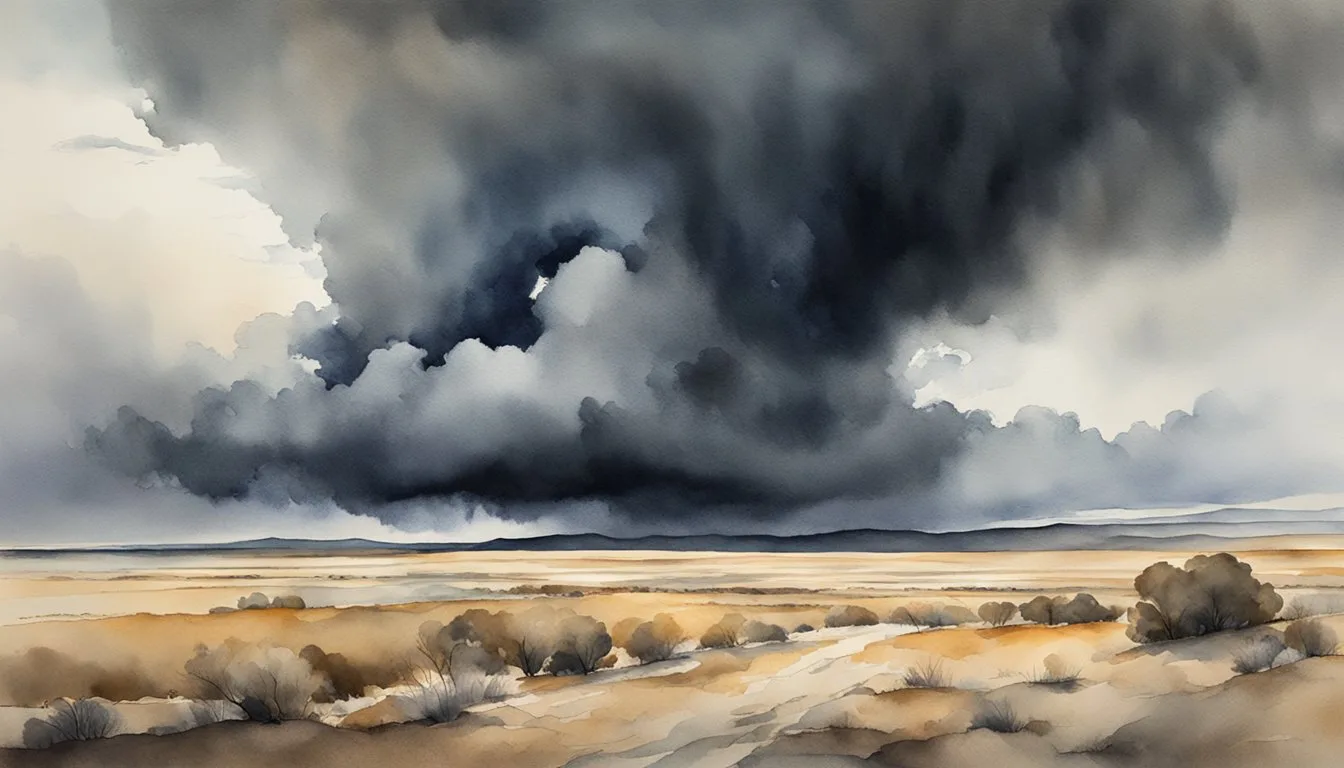 A dark storm cloud hovers over a barren landscape, casting a shadow over the desolate terrain. The wind howls through the air, carrying with it a sense of unease and foreboding