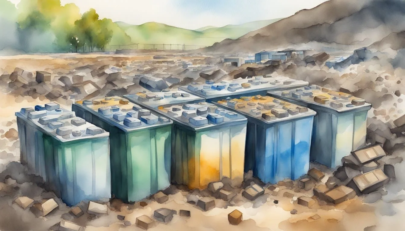 Used EV batteries pile up in a landfill, leaching toxic chemicals into the soil and water. Nearby, communities suffer from pollution-related health issues