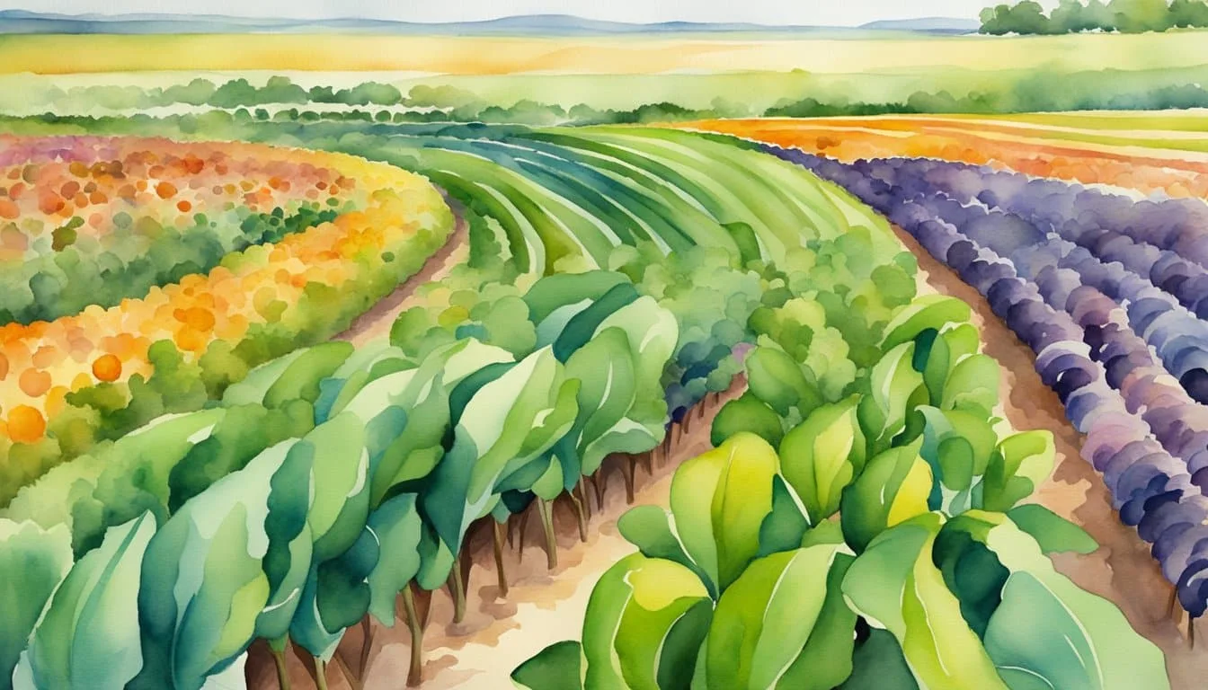 Genetically modified crops growing in a field, with vibrant colors and healthy appearance