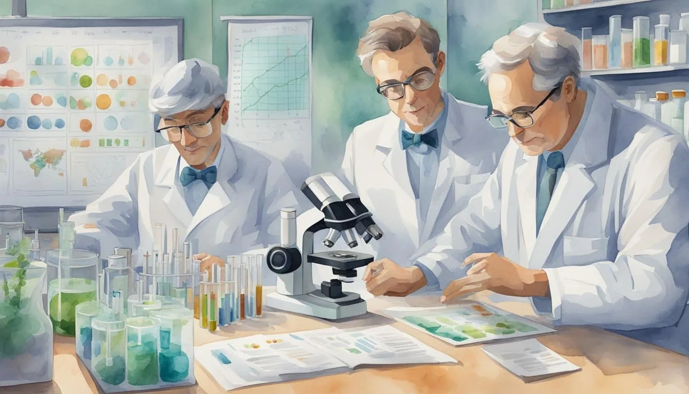 Scientists discuss GMOs in a lab, surrounded by charts and data. A microscope and test tubes are on the table