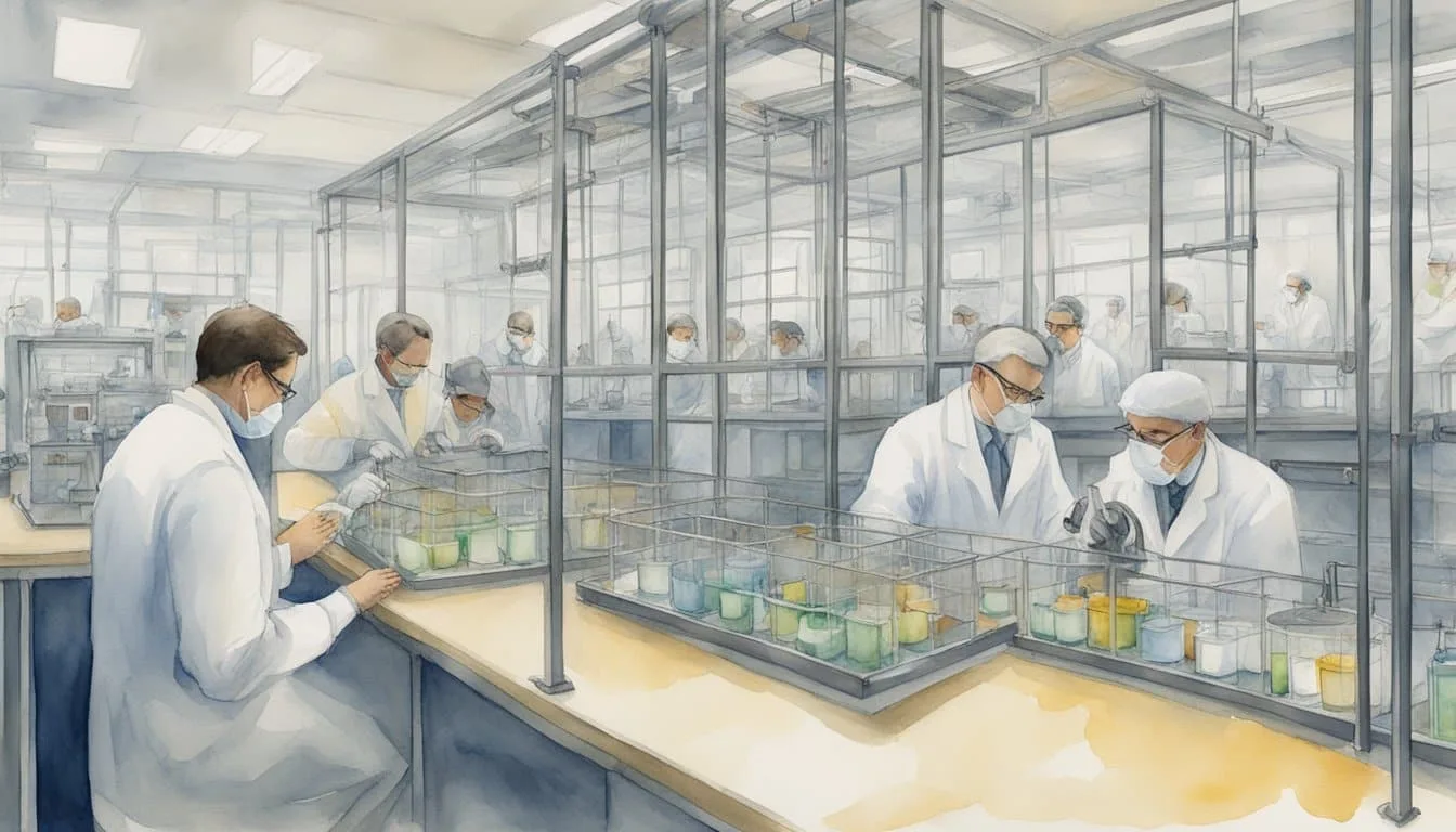 Scientists conducting FDA animal testing in a lab setting, with animals in cages and researchers observing and taking notes