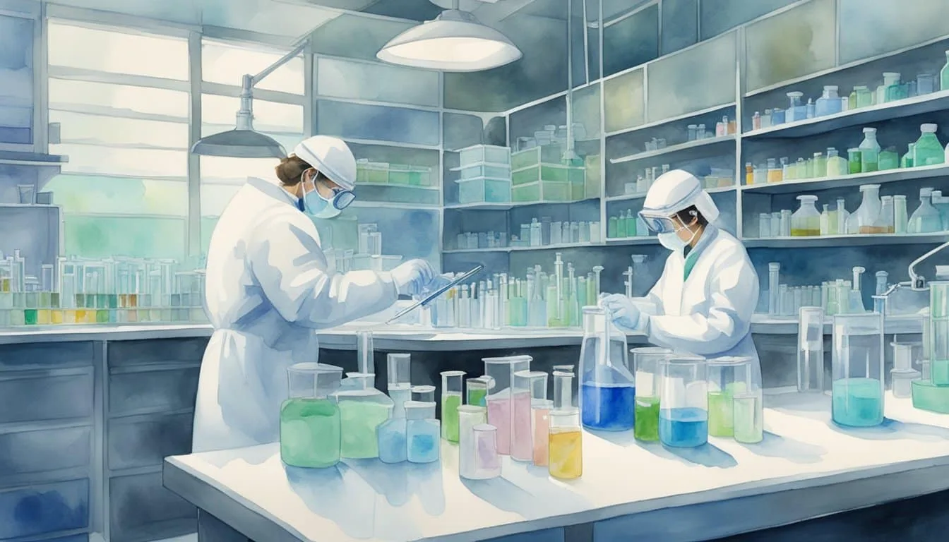 A laboratory setting with scientists in protective gear studying bacteria samples and developing treatments