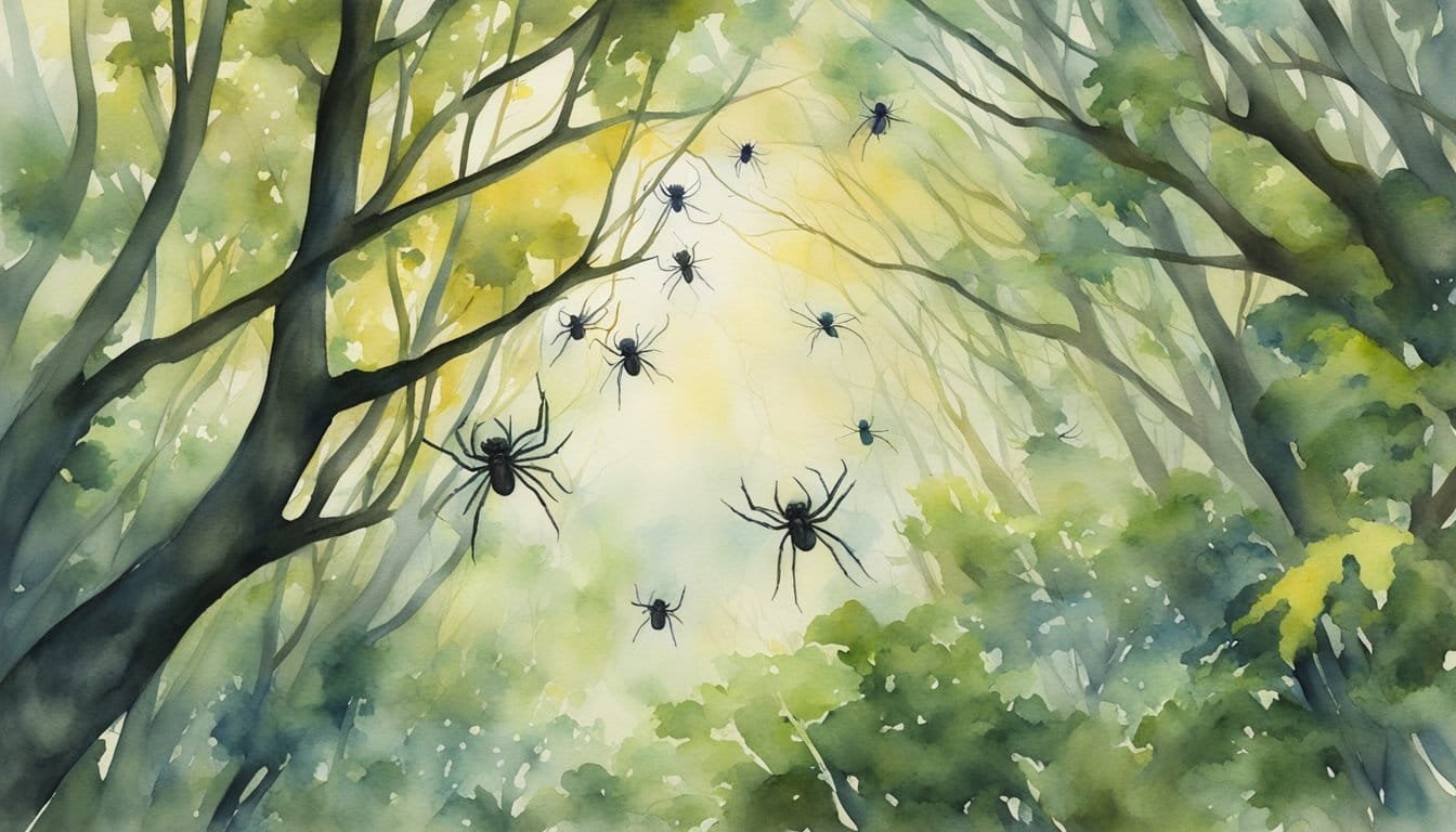 Flying spiders soar through the forest canopy, weaving intricate webs between branches. Insects buzz around, providing sustenance for the arachnids in their unique ecosystem