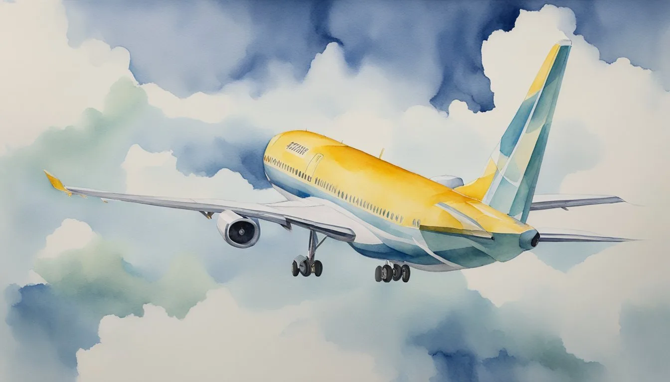 A plane soars through the sky, its wings creating lift as air flows over them. The engines propel it forward, while the tail and control surfaces help maintain stability and direction