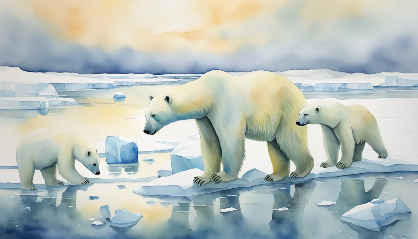 Polar bears roam melting ice, struggling to find food. Few remain