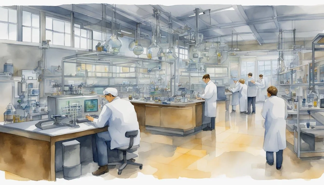 A laboratory filled with high-tech equipment and scientists working diligently on experiments. A countdown clock on the wall displays the remaining time for a groundbreaking technological innovation