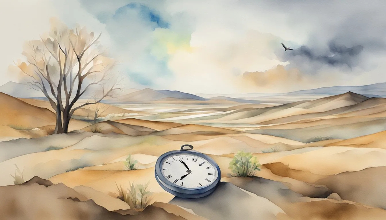 A barren landscape with a ticking clock, a scale representing economy, and a document symbolizing policy. A sense of urgency and uncertainty looms