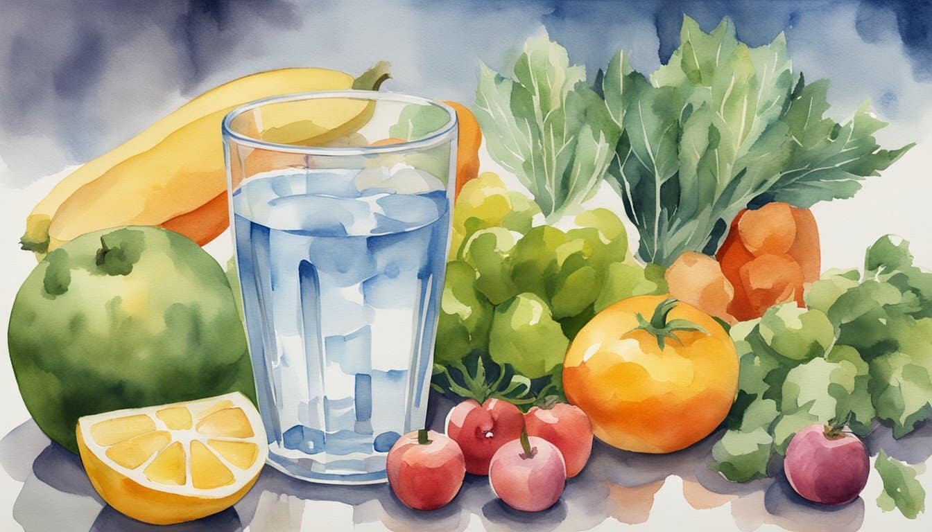 A clear glass of water surrounded by various fruits and vegetables, with a measuring cup next to it, indicating the recommended daily intake of water