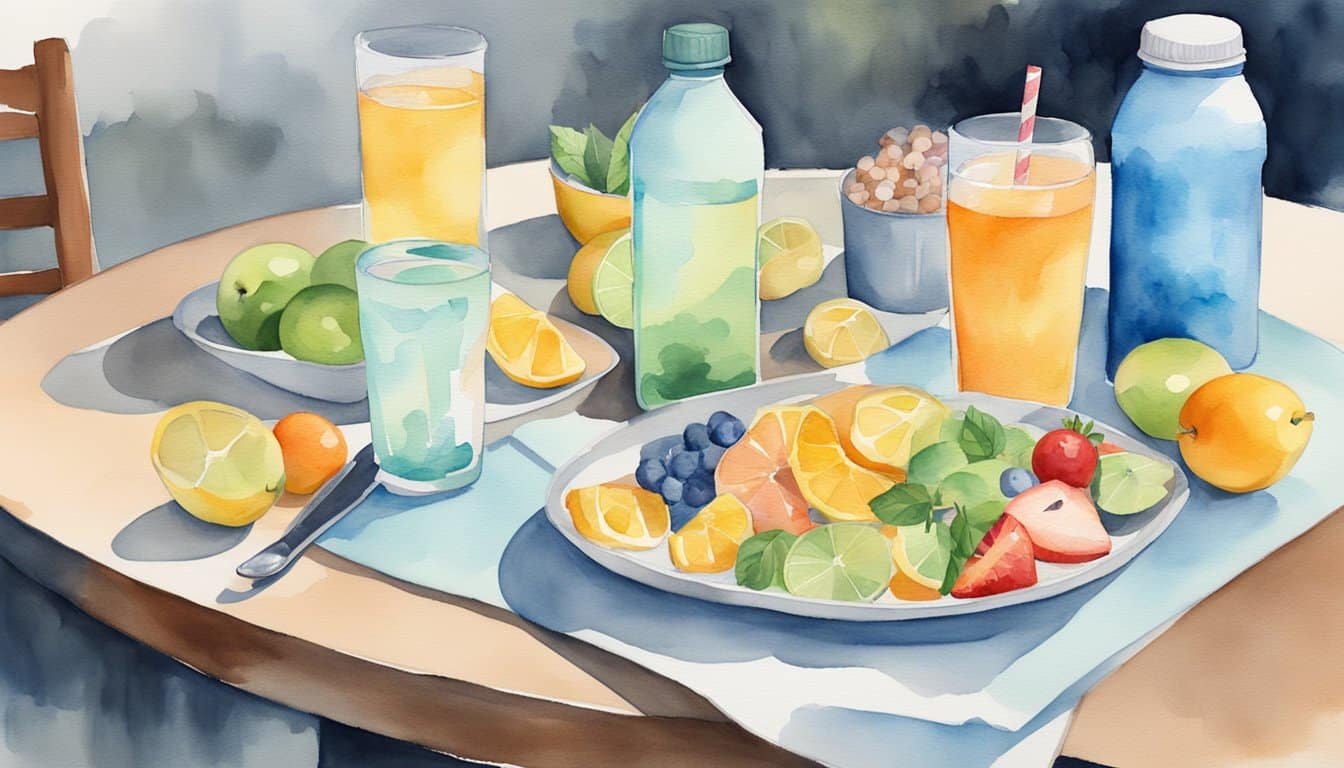 A table with a variety of food and drink items, alongside a water bottle and a fitness tracker, representing different influences on hydration