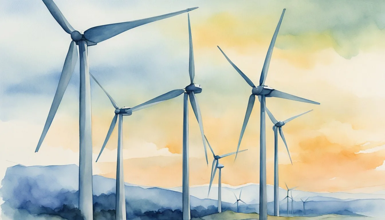 Several towering wind turbines stand against a clear sky, their massive blades rotating in the wind