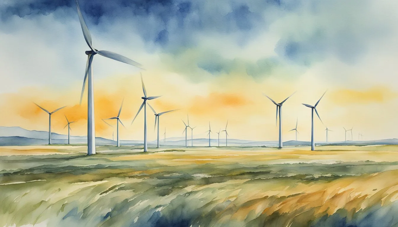 Giant wind turbines stand tall in a vast open landscape, their blades spinning gracefully in the wind, symbolizing renewable energy and its impact on the environment and society