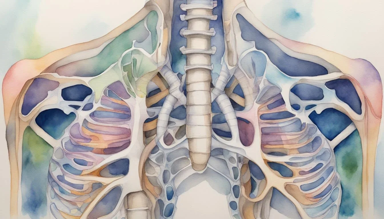 A diaphragm contracts, drawing air into the lungs. The ribcage expands, allowing the lungs to fill with oxygen. The diaphragm then relaxes, pushing air out of the lungs