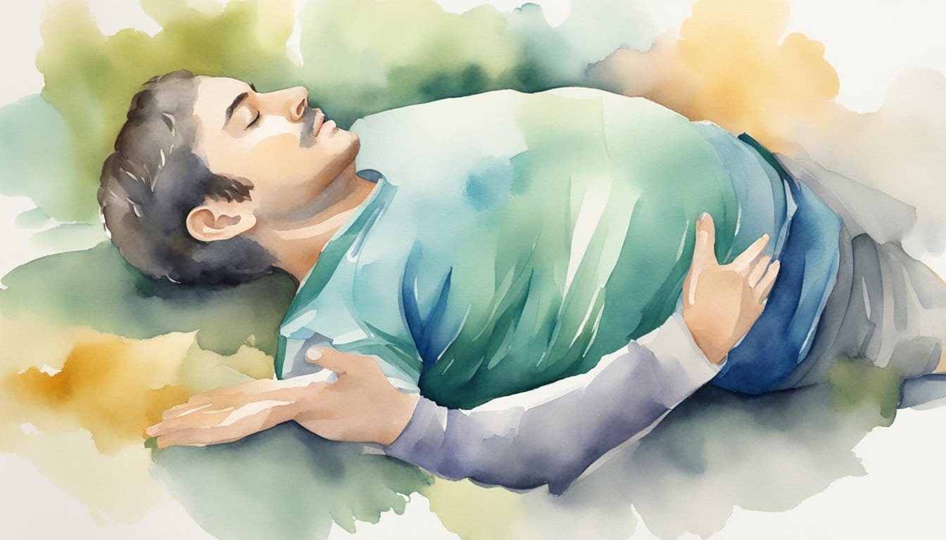 A person practicing diaphragmatic breathing, with a relaxed posture and deep inhalations, focusing on expanding the belly and chest