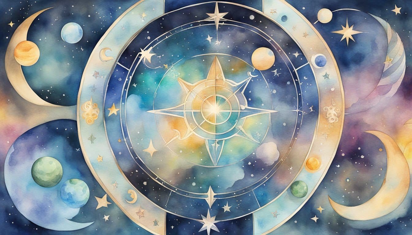 Astrology symbols on a celestial background, with zodiac signs and planets intertwined, reflecting personal and social influences