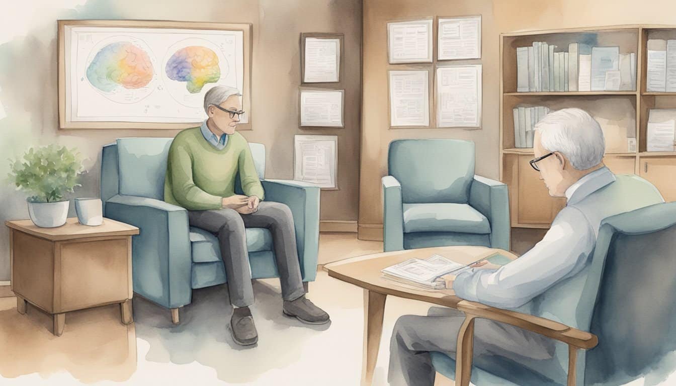 A person sitting in a therapist's office, discussing depression treatment.</p><p>A brain with chemical imbalances is shown in a diagram on the wall