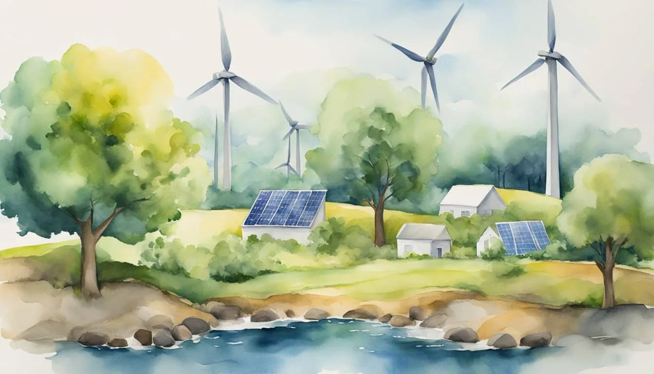 The scene depicts a contrast between renewable and non-renewable energy sources, with a focus on oil. The illustration should convey the concept of sustainability and environmental impact