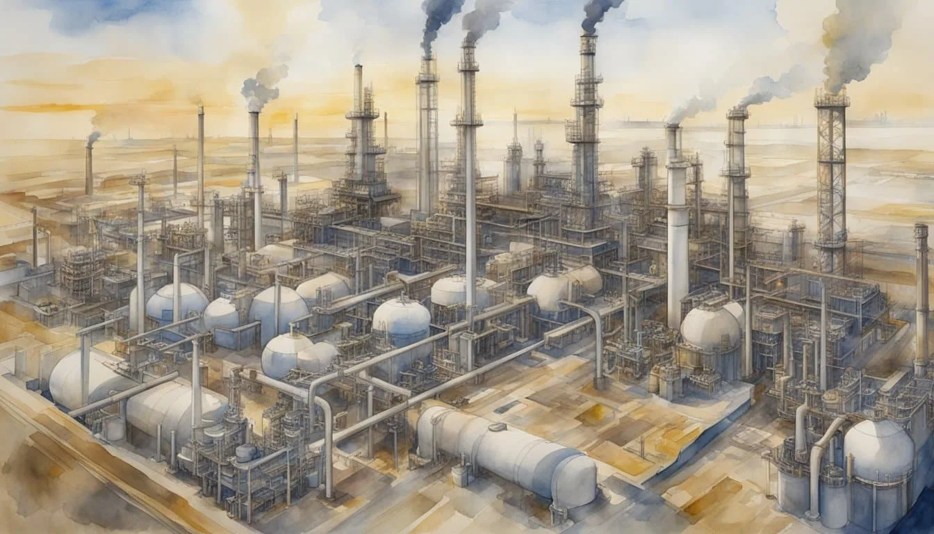 A sprawling oil refinery complex with pipelines, tankers, and drilling rigs, all set against a backdrop of a world map to depict the global reach of the industry