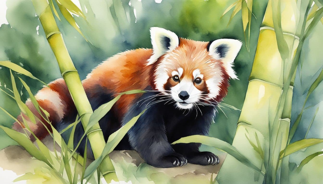 A red panda eats bamboo, displaying bear-like behavior