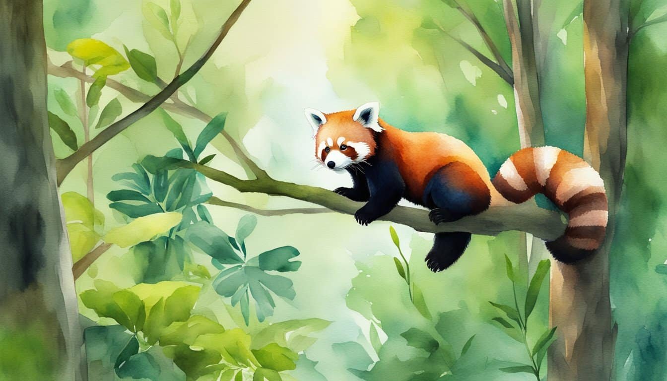 A red panda climbs a tree in a lush forest, surrounded by conservation signs and efforts