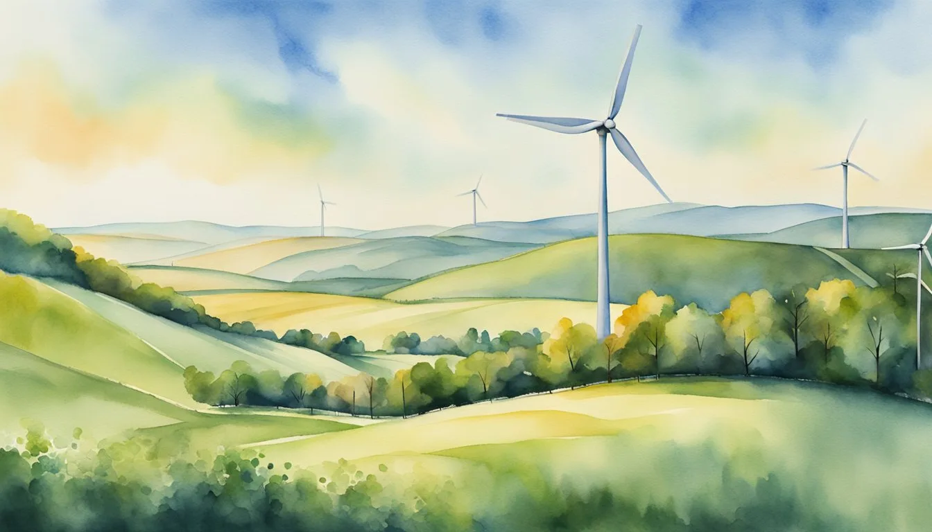 A wind turbine stands tall against a backdrop of clear skies and rolling hills, symbolizing the cost-effective and environmentally friendly nature of renewable energy