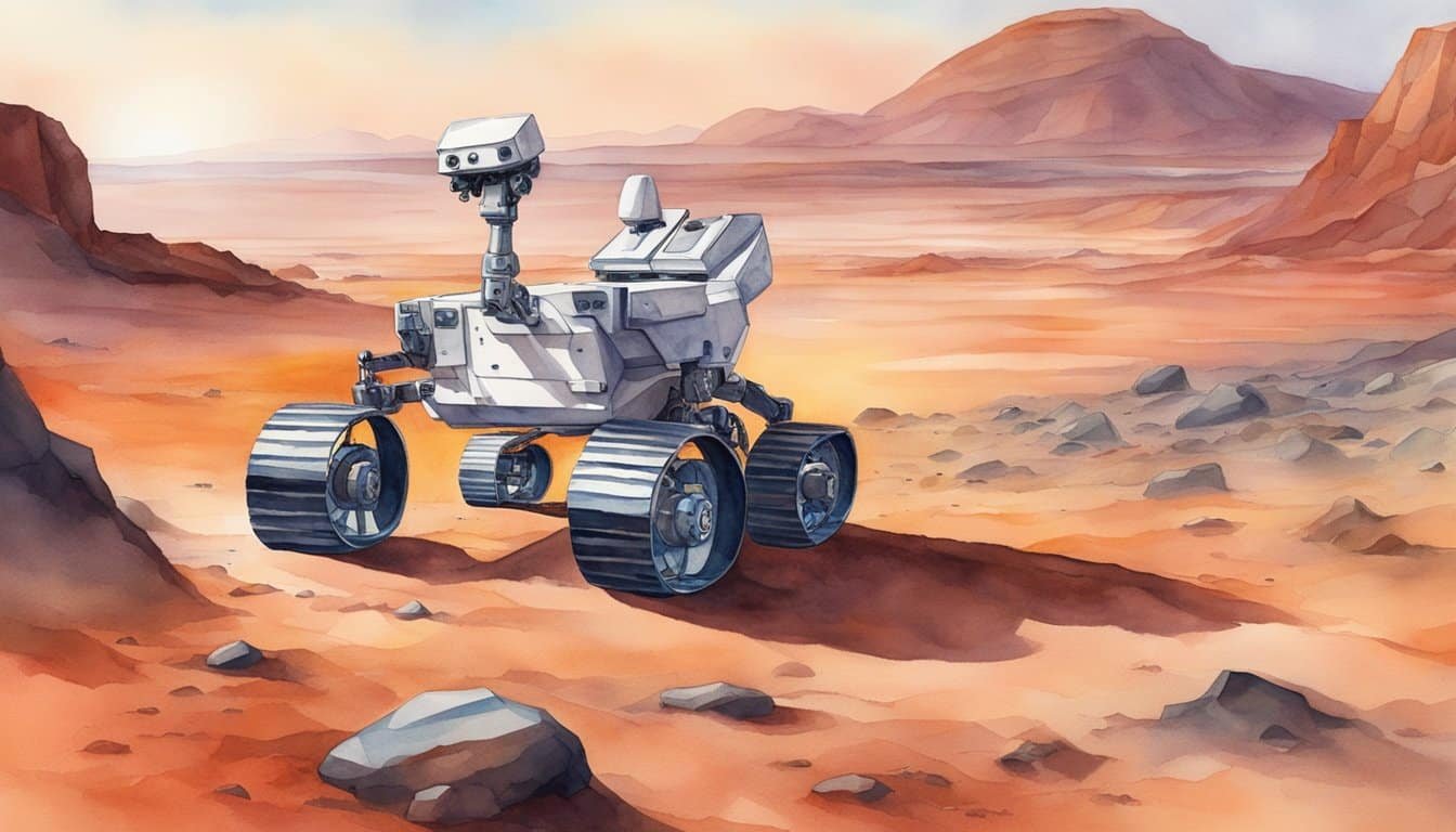 A red planet surface with a robotic rover exploring rocky terrain, with a backdrop of the Martian landscape and a distant view of the planet's horizon