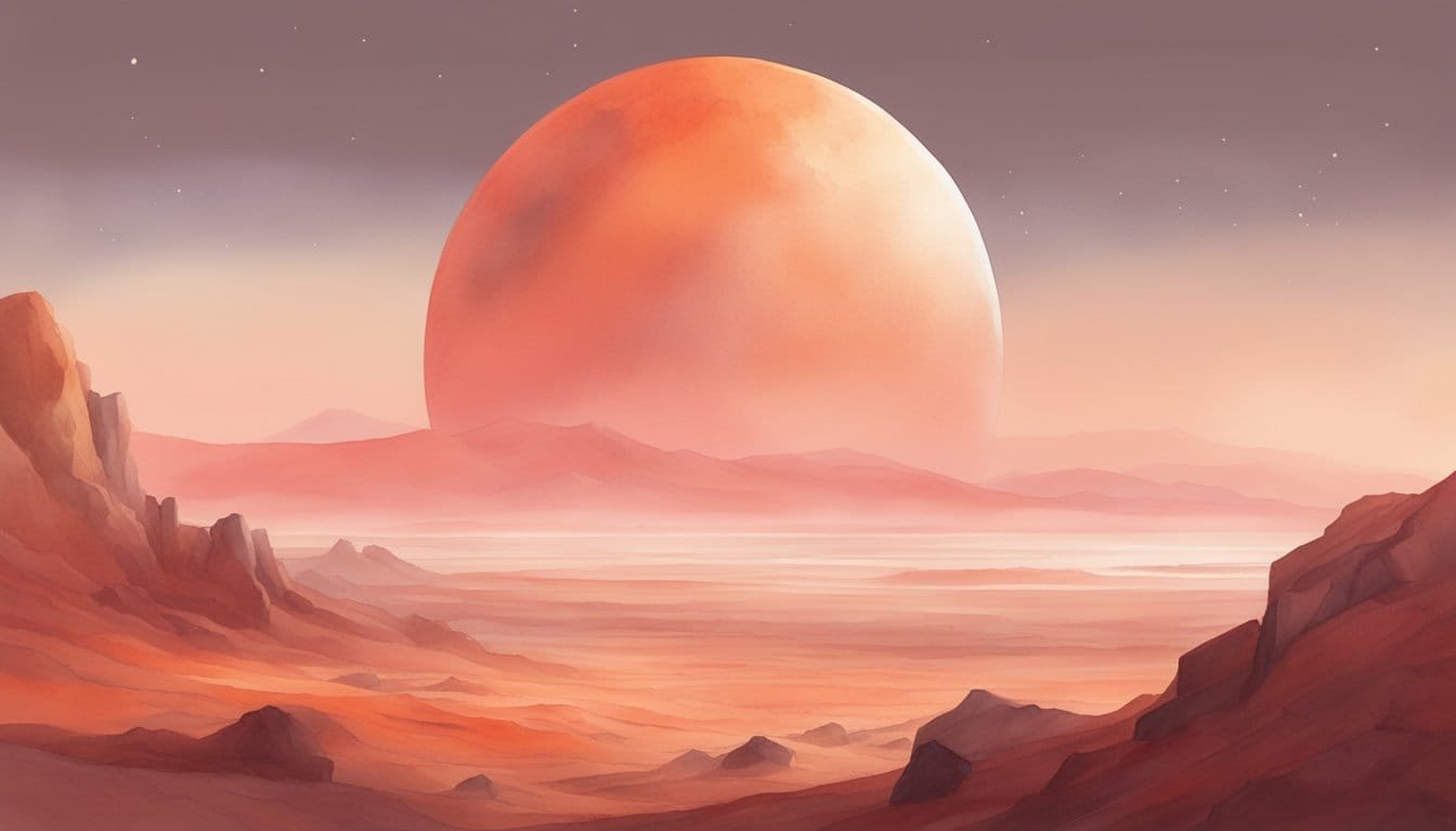 A red planet with rocky terrain, a hazy atmosphere, and a distant view of a potential habitat for life