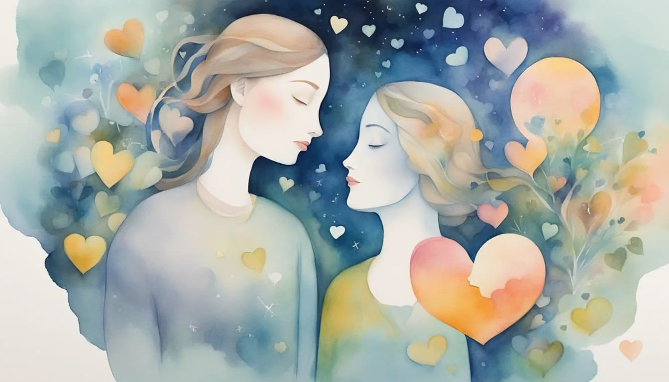 Two figures leaning in, eyes closed, lips touching, surrounded by floating hearts and scientific symbols