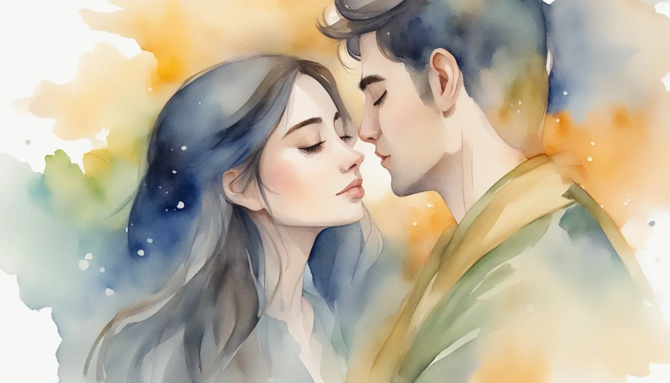 Two characters embrace, their faces close, and their lips meet in a tender kiss. The atmosphere is filled with warmth and affection