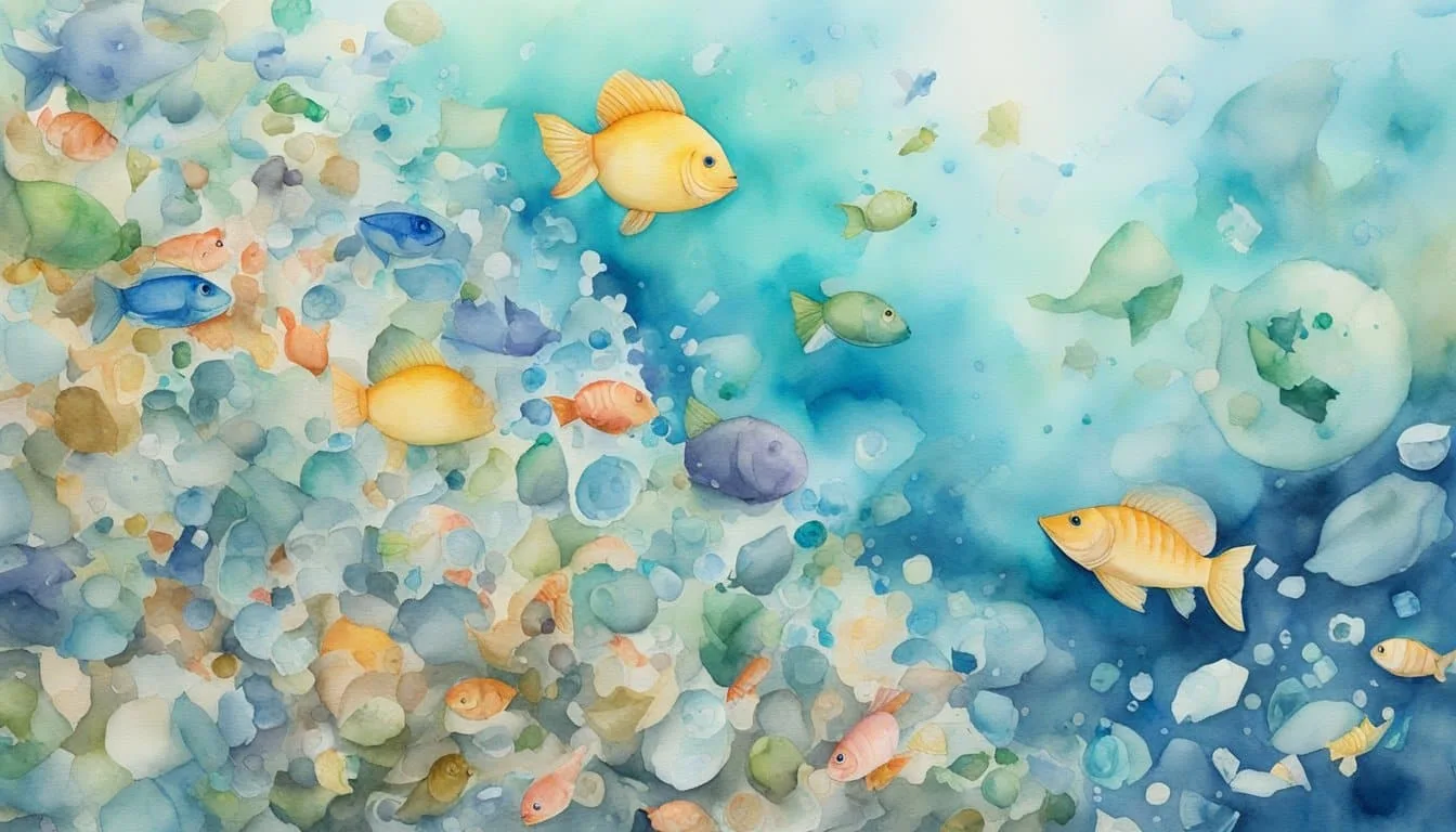 Microplastics spread globally, entering humans through food and water. Show plastic waste in oceans, wildlife ingesting it, and humans consuming contaminated seafood