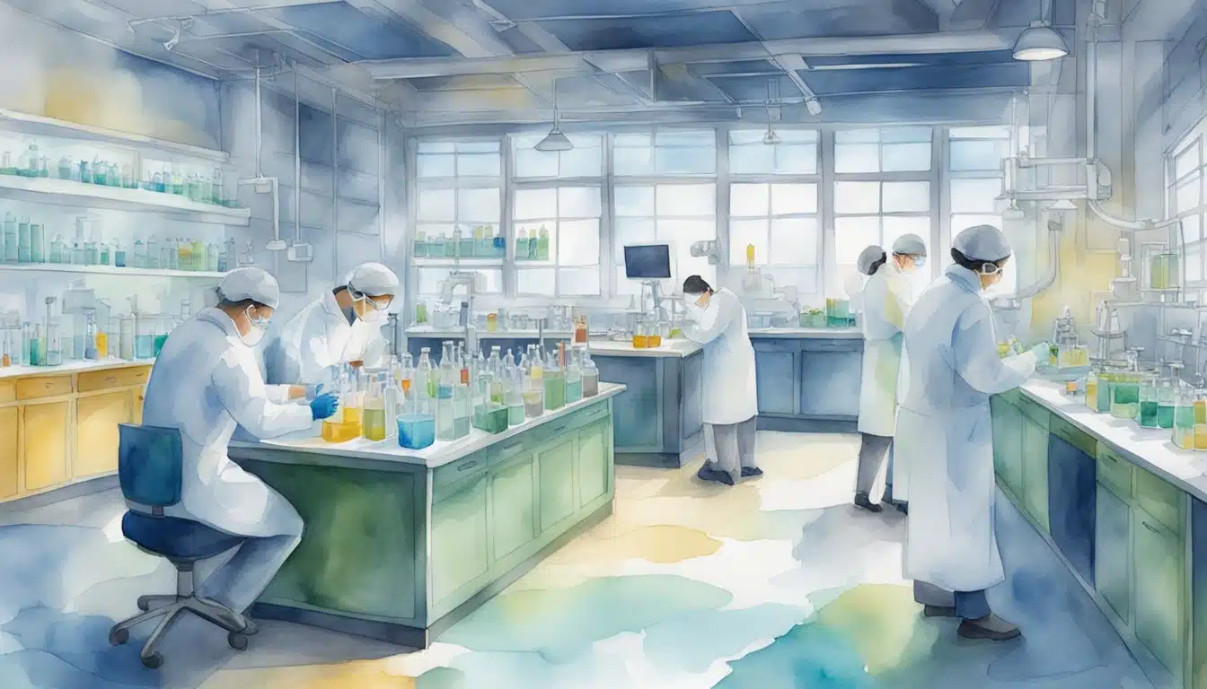 A laboratory setting with scientists conducting experiments on microplastics, surrounded by regulatory documents and guidelines