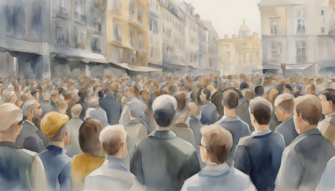 A group of people gathered in a crowded city square, listening intently to a charismatic leader speaking from a raised platform.</p><p>The atmosphere is tense, with a sense of unease and a palpable feeling of control and manipulation