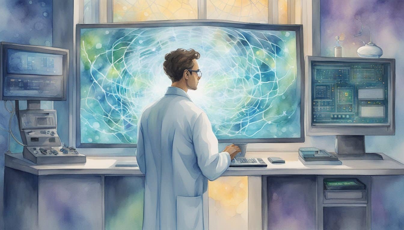 A figure in a lab coat manipulates glowing brain waves with a control panel, surrounded by swirling energy and a web of interconnected neurons