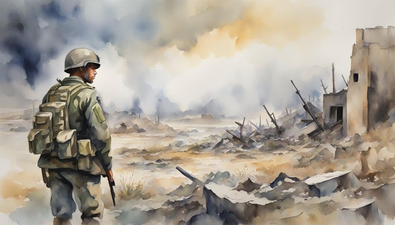 A soldier standing in a war-torn landscape, surrounded by destruction and feeling a sense of betrayal and guilt