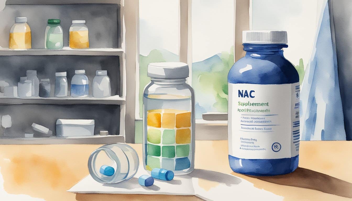 A bottle of NAC supplement sits on a table, next to a pill organizer and a glass of water.</p><p>A warning label on the bottle indicates potential dangers