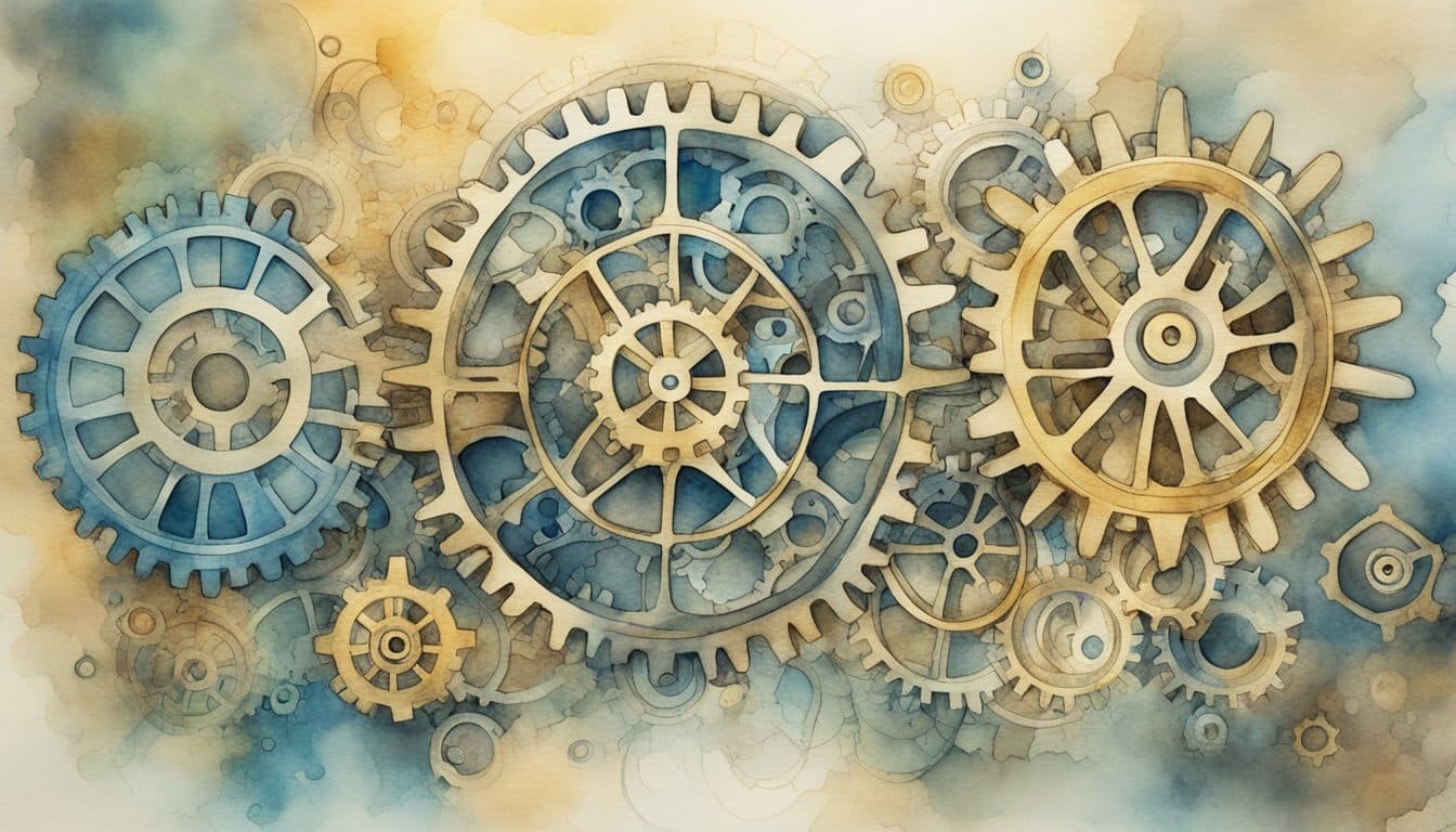 A complex network of interconnected gears and cogs, with various symbols and equations etched into the background