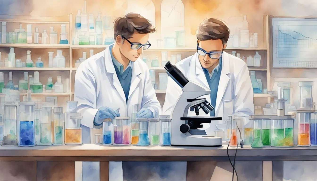 Researchers in a lab, microscope focused on a petri dish containing a glowing substance. Charts and graphs on the wall show progress in targeting diseases